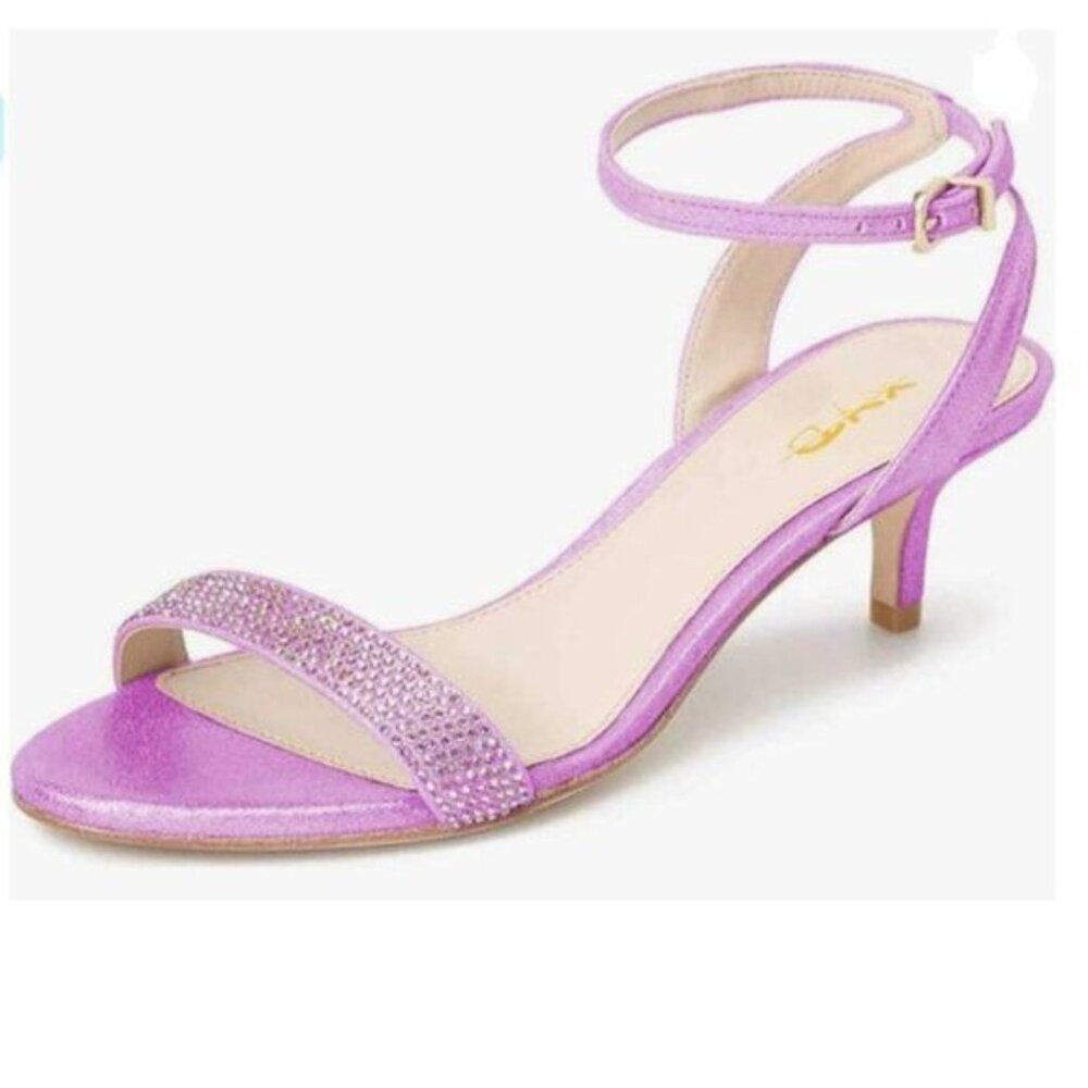 XYD Violet Open Toe Ankle Strap Slingback Kitten Heel Rhinestones Sandals